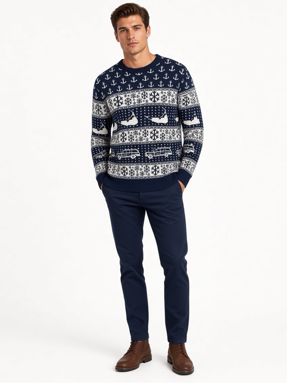 Navy and White Anchor Snowflake Knit Christmas Winter Nautical Sweater L